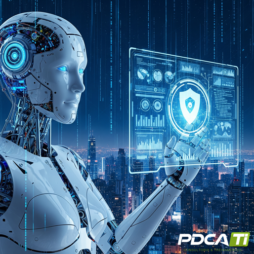 Capítulo 5: O Dilema Corporativo — Privacidade e Segurança na Era da Inteligência Artificial Balança equilibrando os conceitos de privacidade de dados (LGPD) e segurança corporativa, simbolizando o dilema estratégico da governança na era da IA.