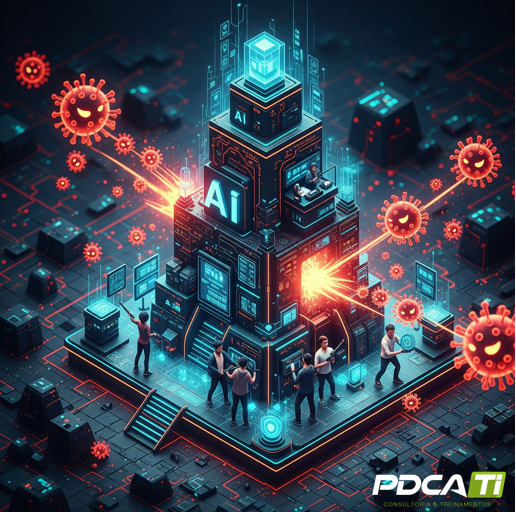 Capítulo 9: O Futuro Chegou — Computação Quântica, Edge AI e Novos Horizontes da Cibersegurança Visão futurista com um cérebro digital, ilustrando os próximos desafios estratégicos para líderes: computação quântica e IA autônoma.