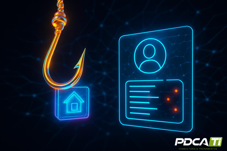 Animação de um hacker utilizando um laptop para enviar um anzol de phishing, simbolizando a evolução das fraudes corporativas com inteligência artificial.