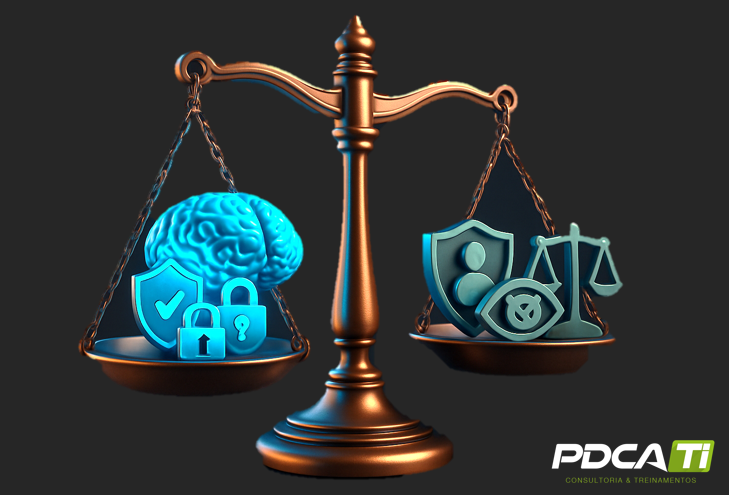 Capítulo 8: IA sob Controle — Governança, Compliance e o Novo Marco Regulatório Martelo de juiz ao lado do símbolo da IA, representando a necessidade de governança, compliance e adequação às regulamentações como LGPD e PL 2338/2023.
